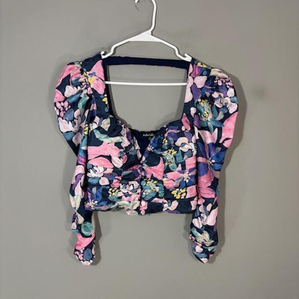 For Love & Lemons Blouse Womens Medium Multicolor Floral Puff Sleeve Crop Top